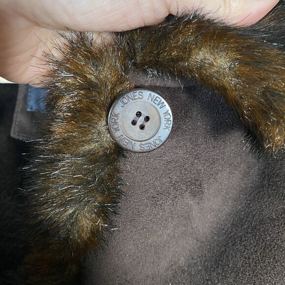 Jones NY Winter Coat Women's XL Faux Suede Fur Trim Jacket Brown Cozy Cabin - Picture 7 of 16